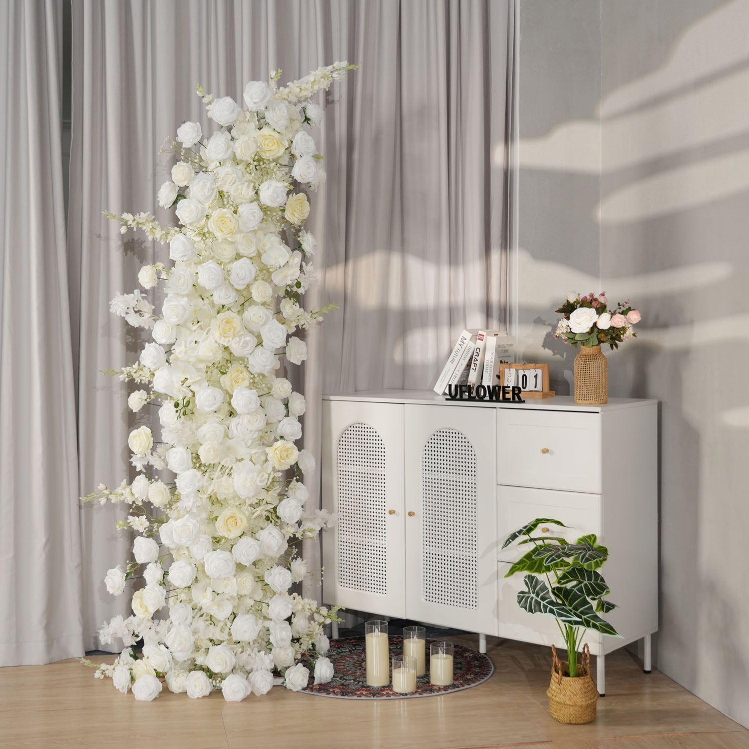Uflower White Rose Floral Horn Arch Wedding Party Backdrop Decor